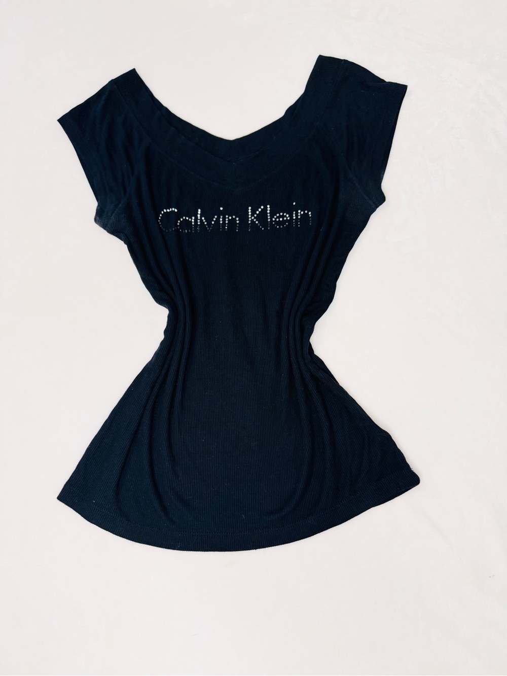 90s Calvin Klein Black Ribbed Rhinestone Logo V-Neck Women's Top